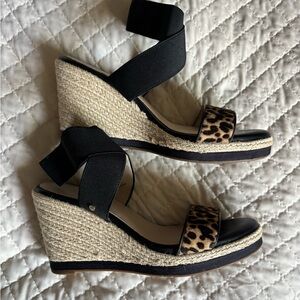 Cole Haan Black and Leopard Espadrille Wedges